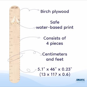 May include: A wooden growth chart with the name "ANTONY" at the top. It features a decorative bird design and measurements in inches and feet. The chart is made of birch plywood and measures 5.1" x 46" x 0.23".