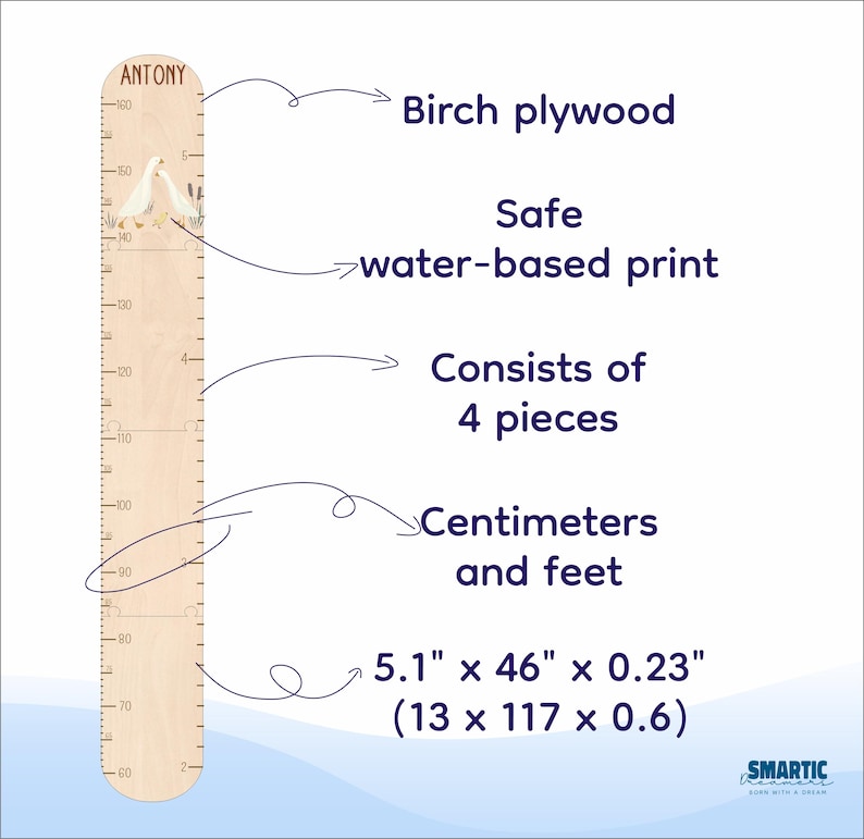 May include: A wooden growth chart with the name "ANTONY" at the top. It features a decorative bird design and measurements in inches and feet. The chart is made of birch plywood and measures 5.1" x 46" x 0.23".