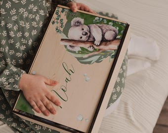 Personalized Baby Memory Box with Panda: Wooden Keepsake Box, Custom Christening Gift