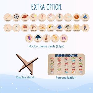 May include: A set of 25 colorful hobby theme cards with a wooden display stand. The cards feature illustrations of various activities like soccer, basketball, dance, piano, and more. The cards are designed for a child's routine chart and can be personalized with a name.
