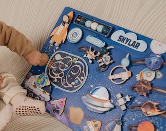 Personalized Space Busy Board: Montessori Toddler Learning Toy, Solar System Puzzle