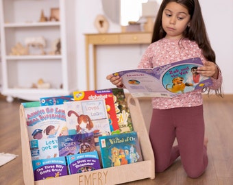 Montessori Nursery Bookshelf: Wooden Floor Book Storage, Custom Engraving Available