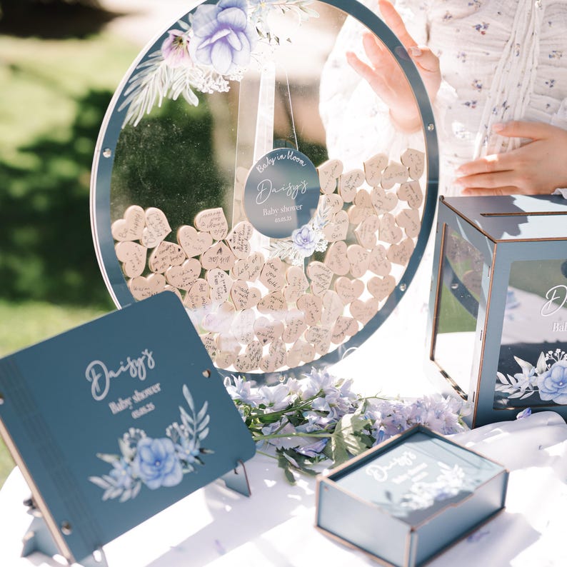 Sage Green Baby Shower Guest Book Alternative: Acrylic Circle, Wooden Hearts image 14