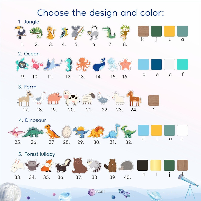 May include: A colorful chart with images of animals and numbers. The chart is divided into five sections: Jungle, Ocean, Farm, Dinosaur, and Forest Lullaby. Each section has a different color scheme and features a variety of animals. The chart is a great way to teach children about different animals and their habitats.