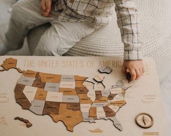 Engraved Wooden USA Map Puzzle: Montessori Geography Learning