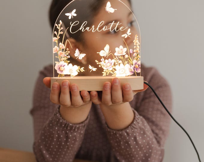 Custom Floral Night Light for Baby Girl Nursery Decor - Personalized Name Lamp