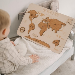 Weltkarte Holzpuzzle für Kinder, Montessori Lernmaterial für Vorschule, Benutzerdefinierte Kinderzimmer Dekor, Geschenk für Kind