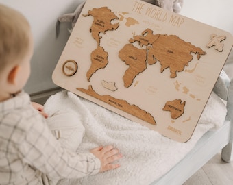 Wooden World Map Puzzle: Montessori Learning, Nursery Decor