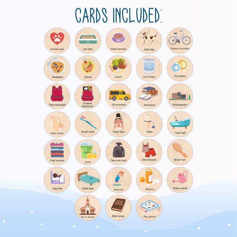 May include: A set of 24 illustrated cards with various activities for children. The cards are round and have a wooden texture. Each card features a different activity, such as brushing teeth, taking a bath, or playing games. The cards are labeled with the activity name in black text.
