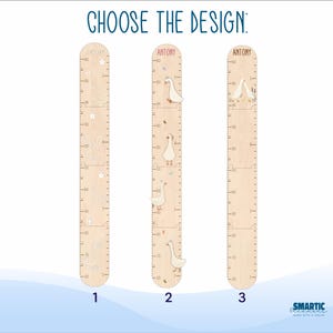 May include: Wooden growth chart with three design options. Each chart features a height scale in inches and decorative elements. The designs include geese and stars, with the text "CHOOSE THE DESIGN:" at the top.
