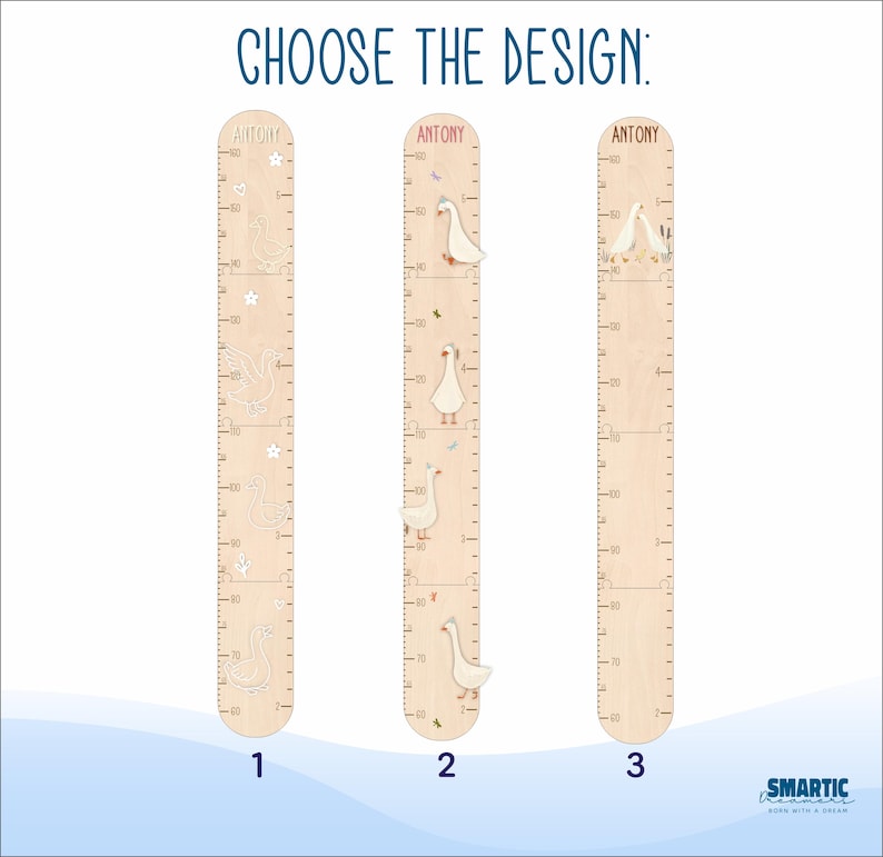 May include: Wooden growth chart with three design options. Each chart features a height scale in inches and decorative elements. The designs include geese and stars, with the text "CHOOSE THE DESIGN:" at the top.