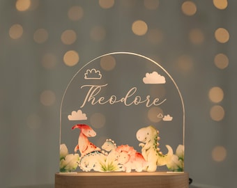 Personalized Night Light with Dinosaurs, Cute Night Light for Kid, Custom Gift for Toddler, Nursery Night Light for Baby, Bedside Table Lamp