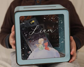 Personalized Wooden Piggy Bank: Custom Baby Money Box, Petit Prince Nursery Decor