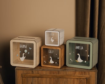 Personalized Wooden Piggy Bank: Goose Nursery Decor, First Birthday Gift for Toddler