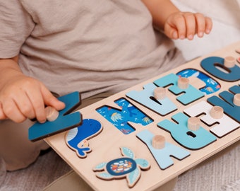 Personalized Baby Name Puzzle: Ocean Print Wooden Montessori Toy