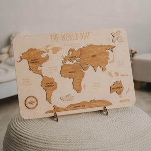 Puzzle carte du monde en bois pour enfants, décoration de carte en bois rustique pour chambre d'enfant, cadeau personnalisé pour tout-petit, matériel préscolaire