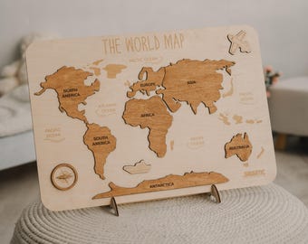 Wooden World Map Puzzle: Montessori Nursery Decor, Personalized Toddler Gift