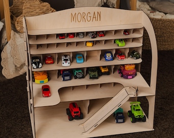 Custom Wooden Garage, Toy Car Storage with Ramp & Parling with Elevator, Montessori Toy for Toddlers, Personalized Wooden Gift for Boy