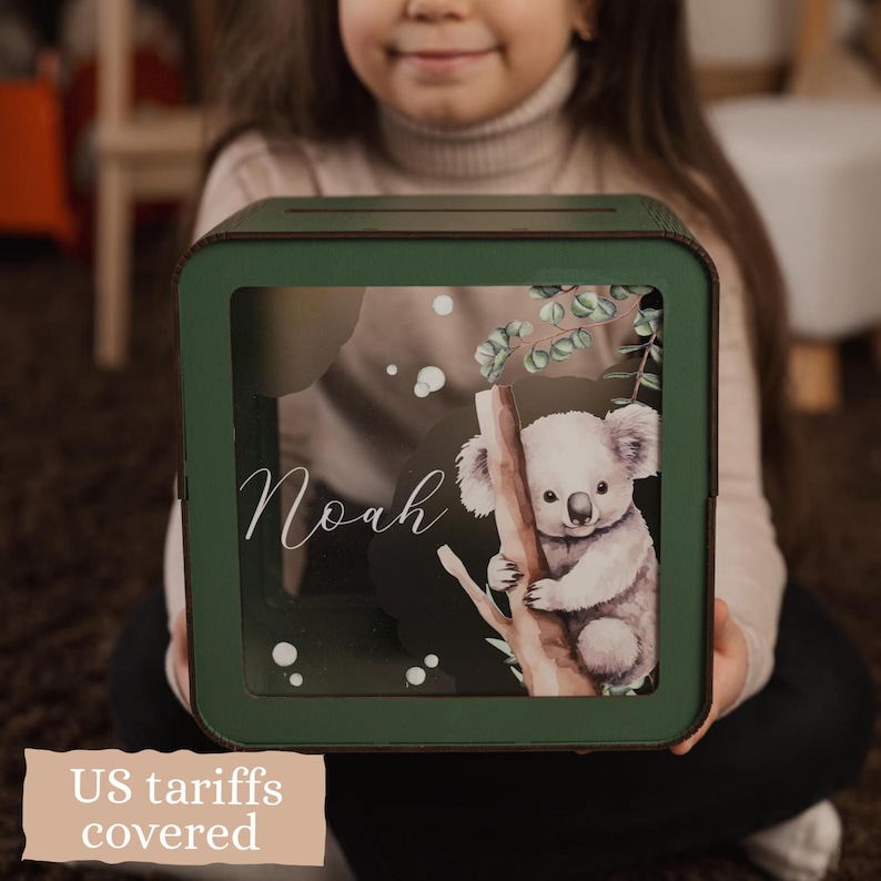 Personalized Wooden Piggy Bank: Acrylic Glass Coin Bank, Custom Name Gift image 2