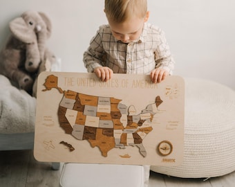 USA Map Puzzle for Kids: Montessori Wooden Travel Toy