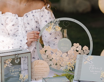 Boho Baby Shower Guestbook Alternative Idea, Circle Acrylic Sign Hearts Decorations, Neutral Baby Shower Centerpiece Sign with Card Box