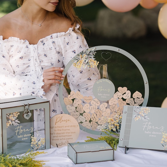 Boho Baby Shower Guest Book Alternative: Sage Acrylic Circle, Wooden Hearts