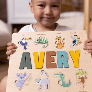 Safari animals wooden decor, custom name puzzle for kid, baby name activity board