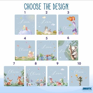 May include: Ten different designs for personalized children's wall art. Each design features a different animal or character, including a mermaid, a koala, a fairy, a fox, and a dinosaur. The designs are all on a light blue background with white stars.