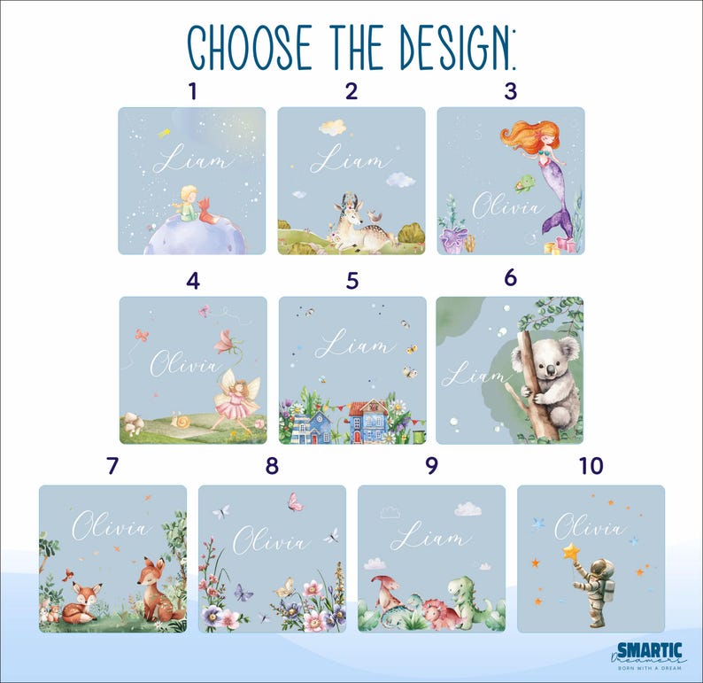 May include: Ten different designs for personalized children's wall art. Each design features a different animal or character, including a mermaid, a koala, a fairy, a fox, and a dinosaur. The designs are all on a light blue background with white stars.