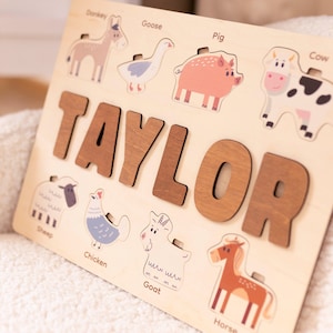 Farm animals developing toy, learning puzzle with name, custom wooden nursery decor