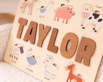 Rompecabezas con nombre de bebé de animales de granja, rompecabezas de aprendizaje Montessori, decoración de guardería de safari, juguete educativo con temática animal, tablero de actividades personalizado
