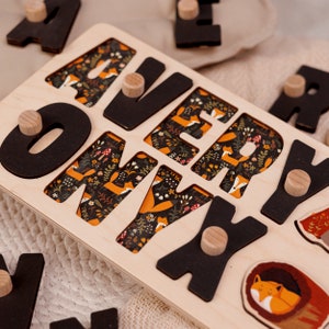 Wooden Name Puzzle with Animals, Montessori Toy for Kid, Custom Gift for Toddler, Baby Name Puzzle with Print, Safari Nursery Decor image 9