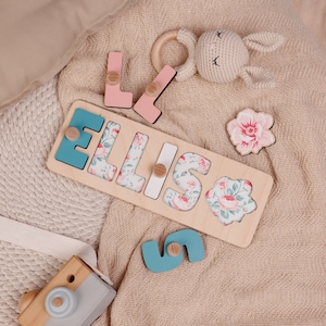 Baby Name Puzzle with Flower Print, Custom Wooden Name Puzzle Activity Board for Toddler, Baby Shower Gift gor Girl, Montessori Baby Toy