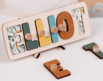 Puzzle con nome bambino, puzzle in legno Montessori, regalo per il primo compleanno, puzzle con nome in legno personalizzato con mollette, regalo per baby shower