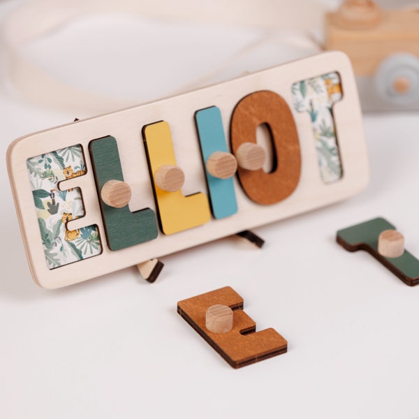 Puzzle con nome bambino, puzzle in legno Montessori, regalo per il primo compleanno, puzzle con nome in legno personalizzato con mollette, regalo per baby shower