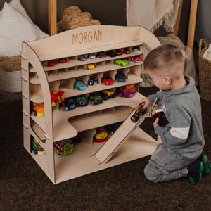 Montessori Toy Car Storage, Personalized Birthday Gift for Boy, Wooden Toy Car Garage with Ramp and Parking, Custom Gift for Toddler