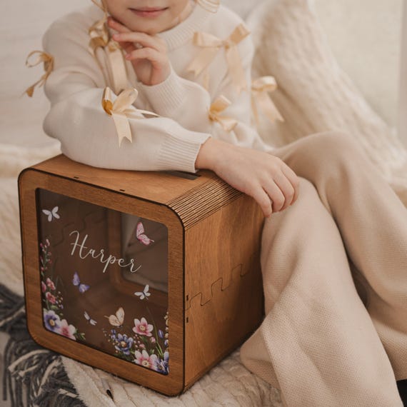 Personalized Wooden Piggy Bank: Floral Butterfly Design, Custom Kids Gift