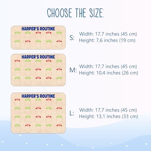 May include: Three different sizes of a personalized visual chart for a child's daily routine. The chart is made of wood and has a light brown background. The chart has the text "HARPER'S ROUTINE" at the top and is decorated with colorful circles and speech bubbles. The chart is available in three sizes: small (17.7 inches wide by 7.6 inches tall), medium (17.7 inches wide by 10.4 inches tall), and large (17.7 inches wide by 13.1 inches tall).