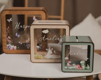 Personalized Large Wooden Piggy Bank for Kids, Custom Name Gift for Toddler, Acrylic Glass Coin Bank, Unique Birthday Gift for Kid
