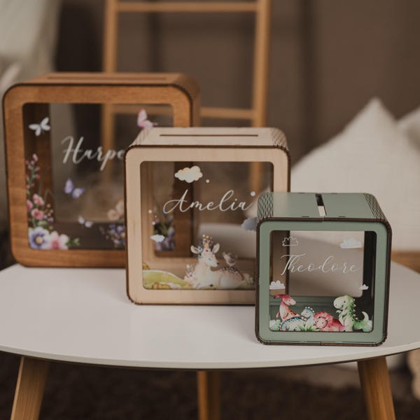 Personalisierte Spardose aus Holz: Spardose aus Acrylglas, Geschenk mit individuellem Namen