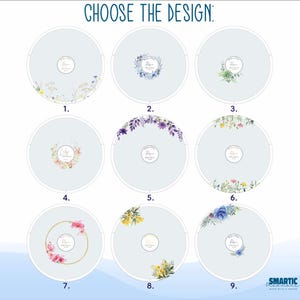 May include: Nine different designs for a round, white, floral-themed cake topper. Each design features a different arrangement of flowers and greenery, including wreaths, garlands, and scattered blooms. The designs are numbered 1 through 9.