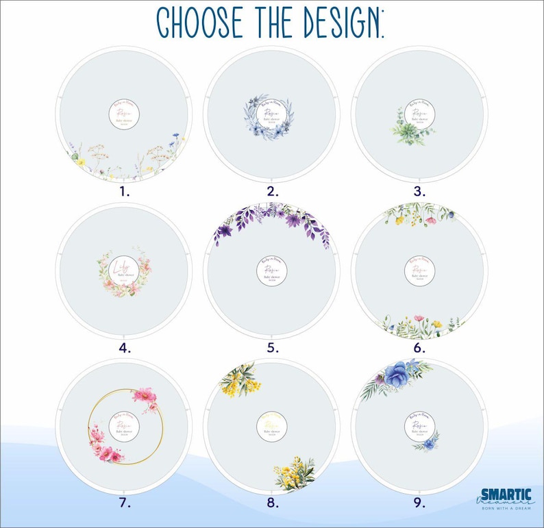 May include: Nine different designs for a round, white, floral-themed cake topper. Each design features a different arrangement of flowers and greenery, including wreaths, garlands, and scattered blooms. The designs are numbered 1 through 9.