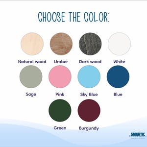 May include: A color chart with 10 different color options for a product. The colors are: natural wood, umber, dark wood, white, sage, pink, sky blue, blue, green, and burgundy.