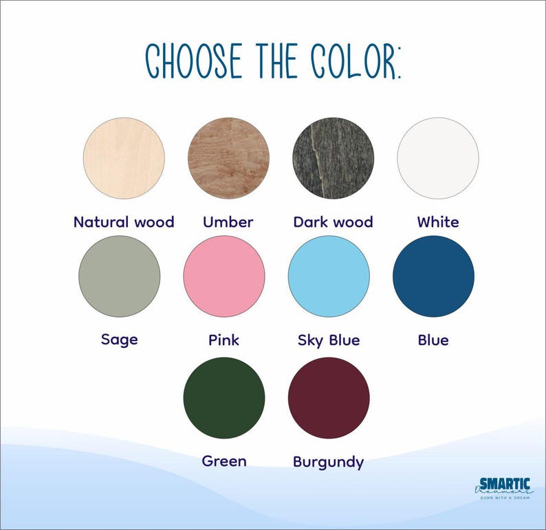 May include: A color chart with 10 different color options for a product. The colors are: natural wood, umber, dark wood, white, sage, pink, sky blue, blue, green, and burgundy.