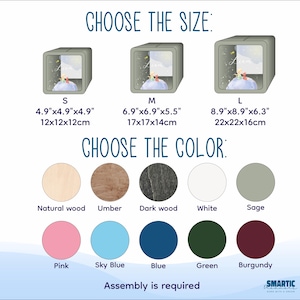 May include: A customizable wooden box with a print of a child on a planet. Choose from three sizes: small (4.9 inches x 4.9 inches x 4.9 inches), medium (6.9 inches x 6.9 inches x 5.5 inches), and large (8.9 inches x 8.9 inches x 6.3 inches). Select from a variety of colors: natural wood, umber, dark wood, white, sage, pink, sky blue, blue, green, and burgundy. Assembly is required.