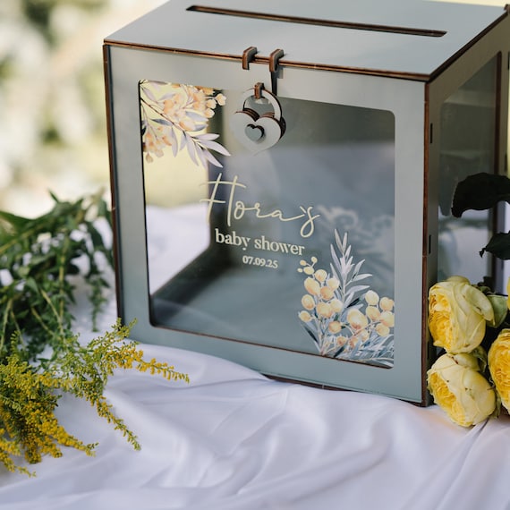 Personalized Sage Green Baby Shower Card Box: Floral Keepsake