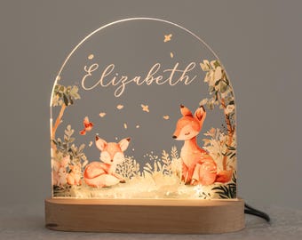 Custom Night Light with Woodland Animals Print, Baby Name Night Lamp with Base, Custom Birthday Gift for Toddler, Baby Gift for Kids