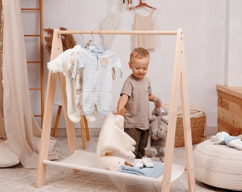 Montessori Wooden Clothing Rack: Toddler Open Wardrobe with Linen Shelf