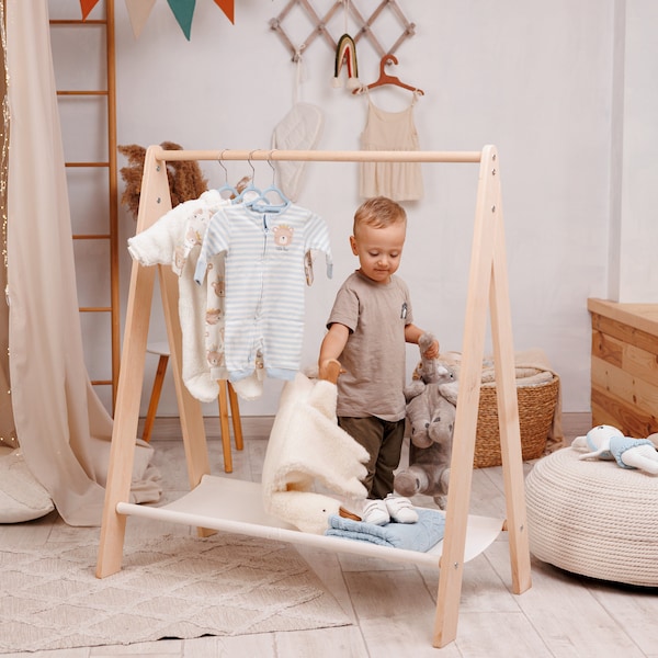 Clothing Rack for Toddler Room, Montessori Wardrobe with Linen Shelf for Nursery, Kids Wooden Furniture, Open Wardrobe Dresser