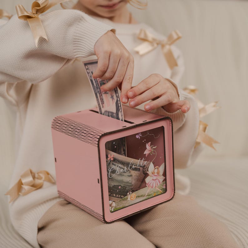 Personalized Wooden Piggy Bank: Floral Butterfly Design, Custom Kids Gift image 15